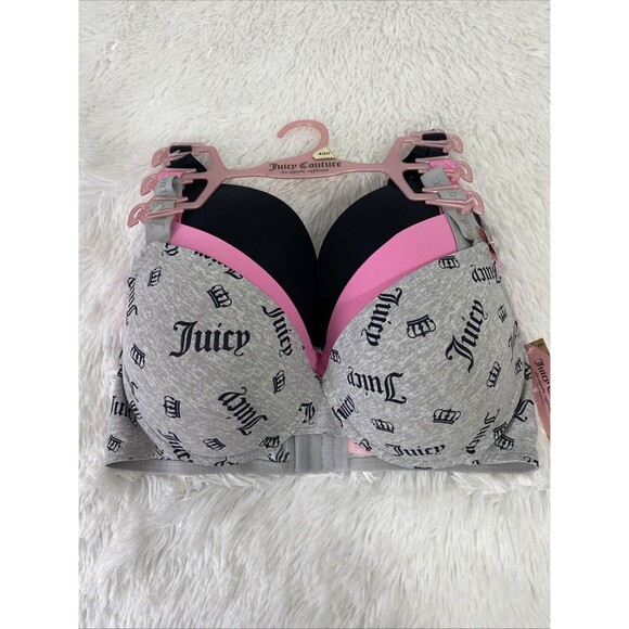 Juicy Couture Bra Size 40D 3 Pack Pink Black Gray Logo Print Underwire Confort - Picture 7 of 13